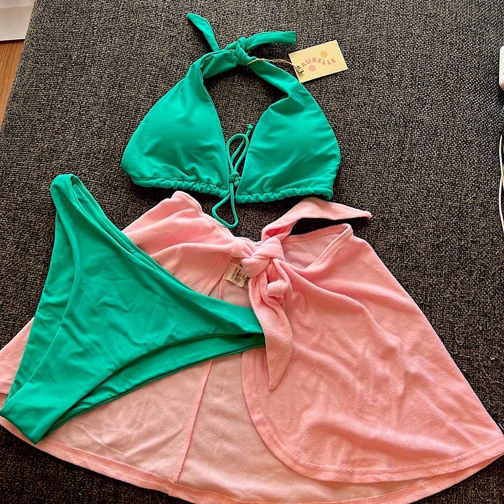 Aurelle Teal Bikini Set + Pink Cotton Skirt Cover Up- Size L- New with Tags!